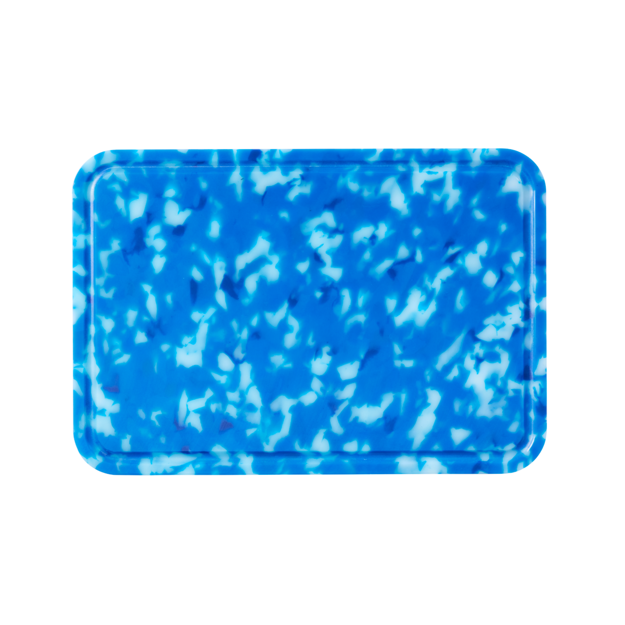 Blue and white rectangular Pinchy serving tray  and chopping board. Juice groove and double sided design.