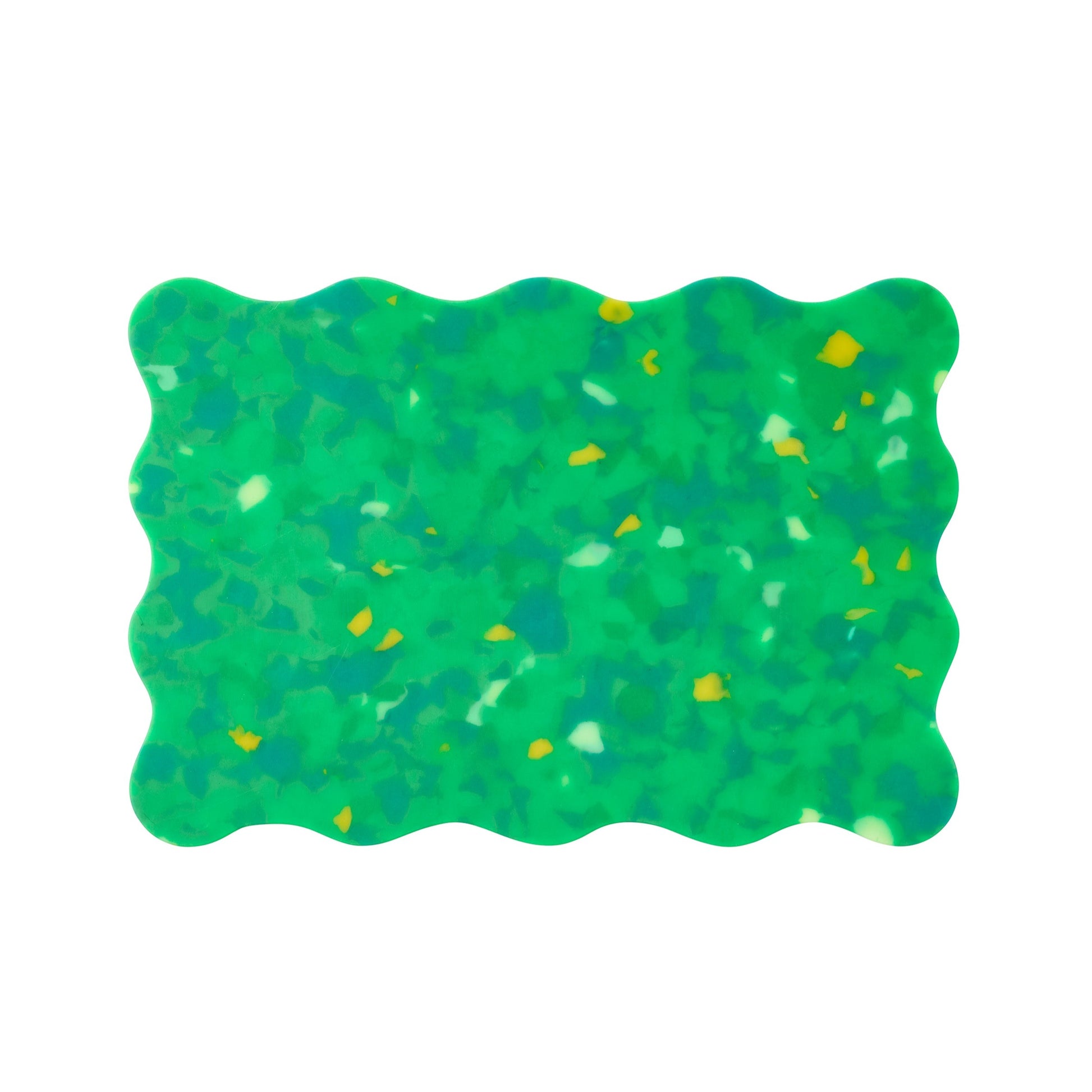 Green and yellow wavy Pinchy chopping board – terrazzo-style kitchen board on white background