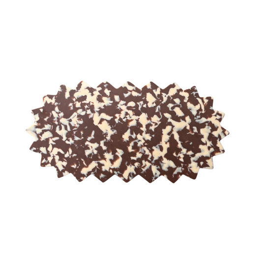 Chocolate and white marbled serving tray on white background.